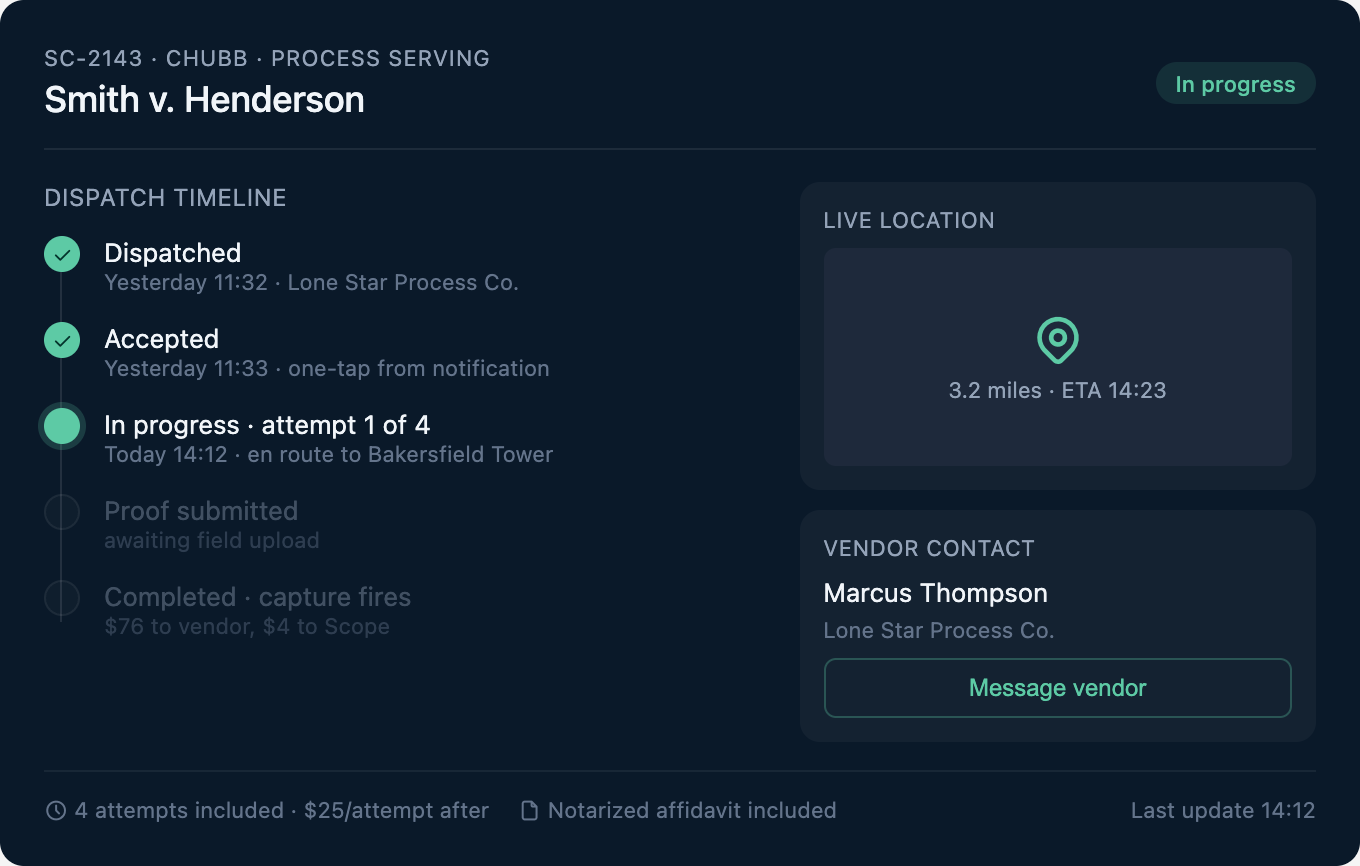 A Scope dispatch tracked live with proof and audit trail